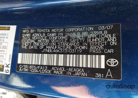 2007 Toyota Camry Xle z USA, uszkodzony, nr VIN JTNBE46K373103119